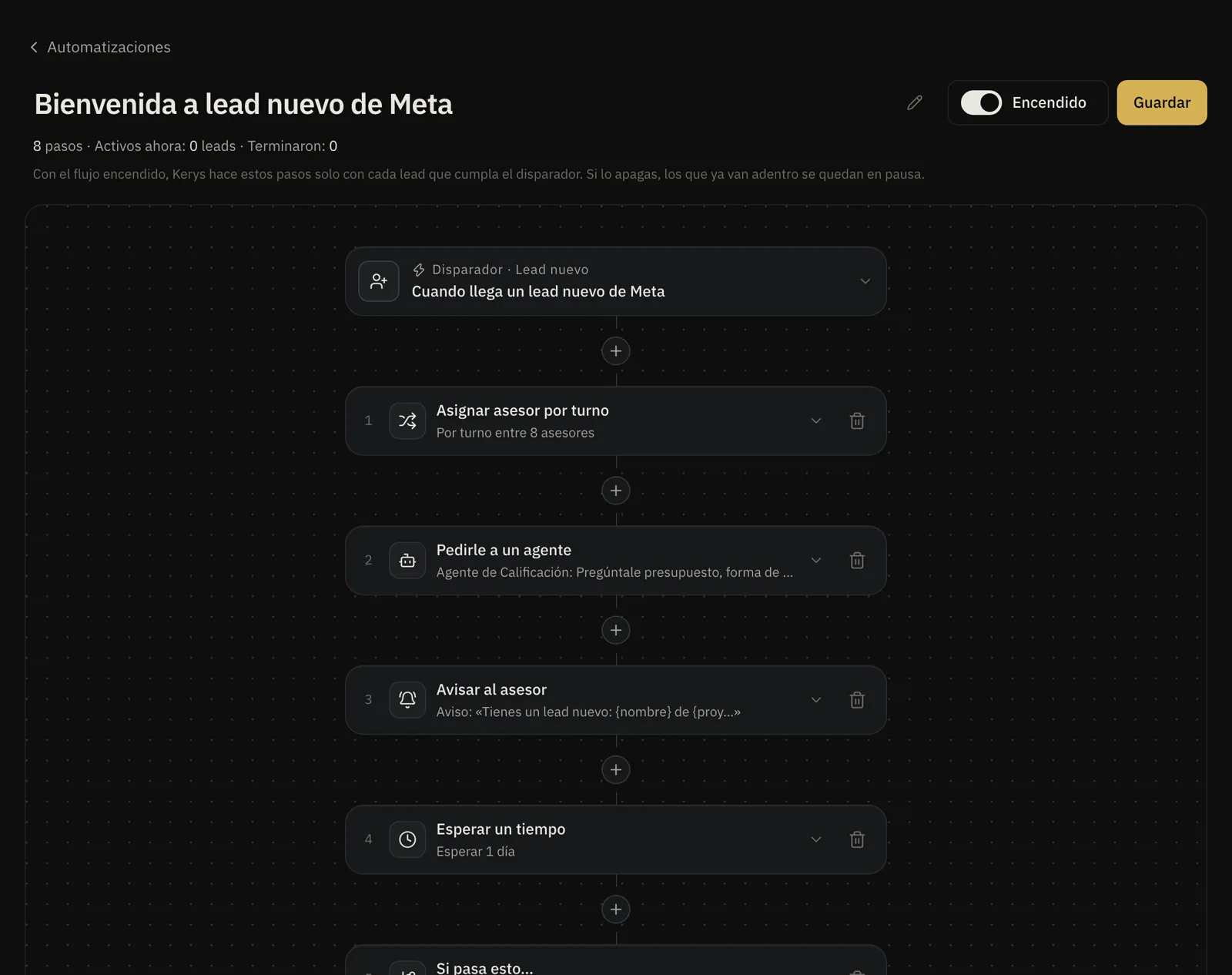 Flujo de automatización de Kerys: cuando llega un lead nuevo de Meta, asignar asesor por turno, pedirle a un agente, avisar al asesor, esperar un día y una condición.