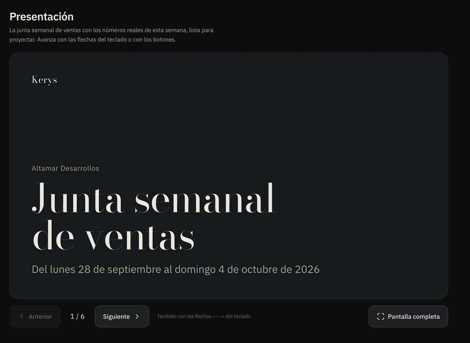 Portada de la presentación de la junta semanal de ventas generada por Kerys.